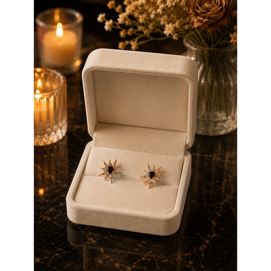 Starburst Stud Earrings in Rose Gold - black and transparent centre stone