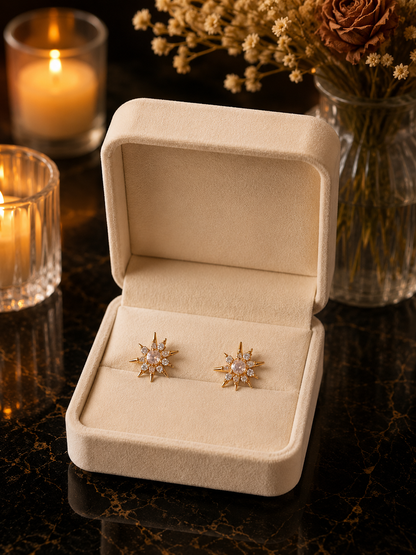 Starburst Stud Earrings in Rose Gold - black and transparent centre stone
