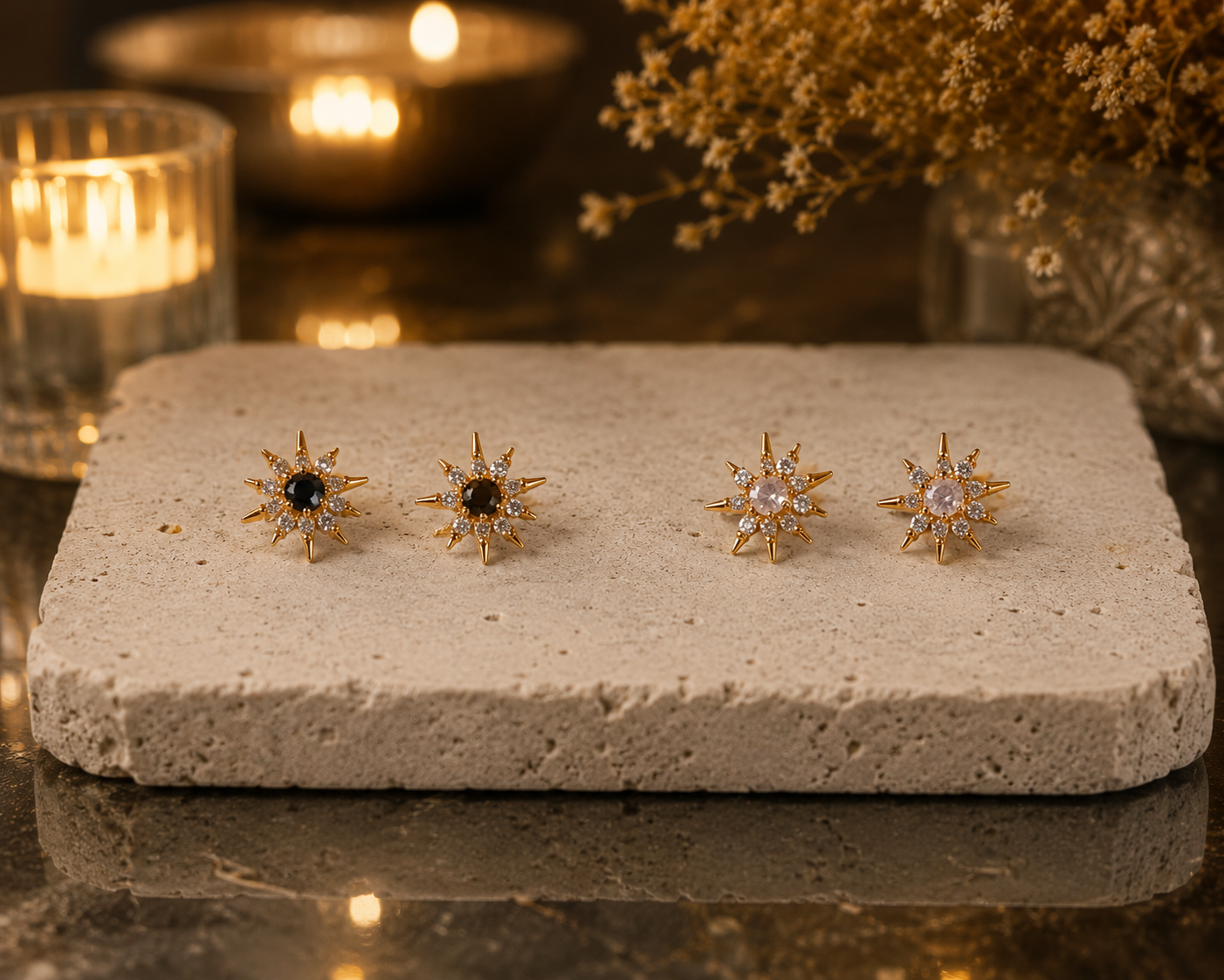 Starburst Stud Earrings in Rose Gold - black and transparent centre stone