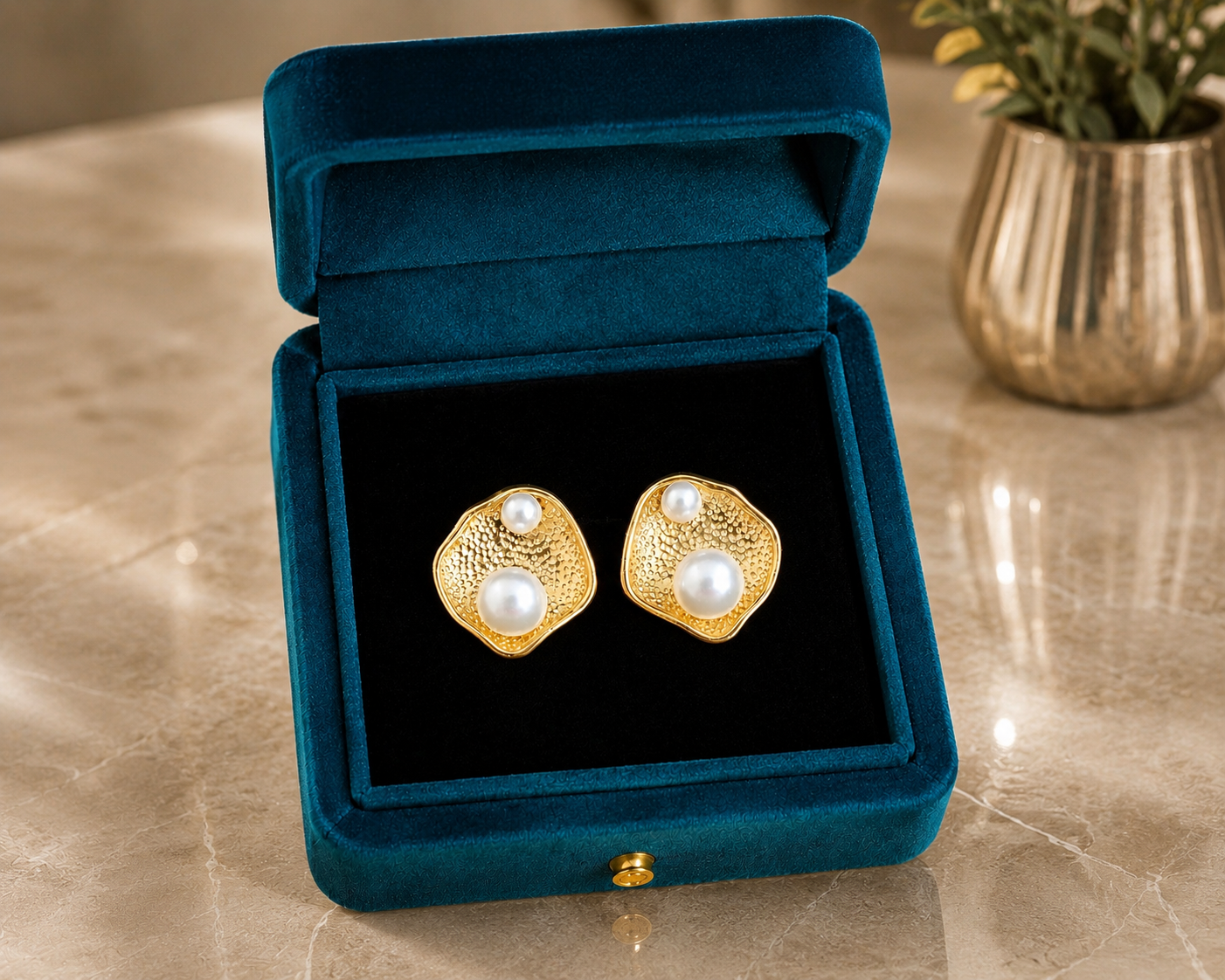 Organic gold pearl stud earrings displayed inside a premium teal velvet jewelry box on a reflective marble surface with a blurred decorative plant in the background.