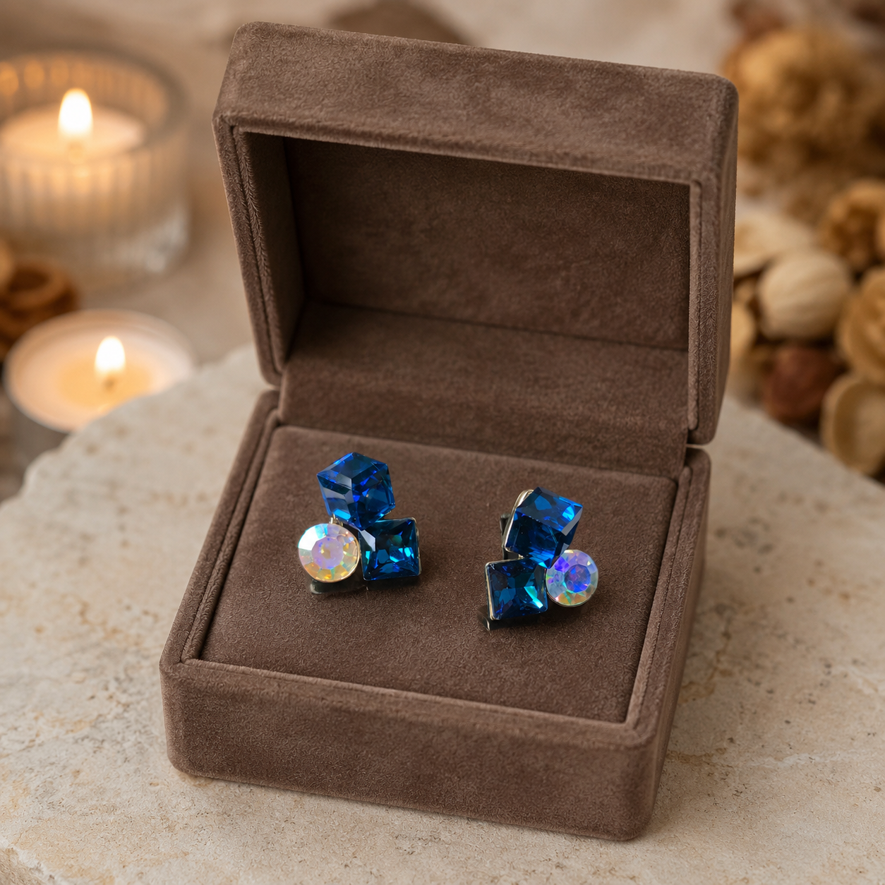 Blue crystal earrings in a brown velvet box with candles and dried flowers in the background