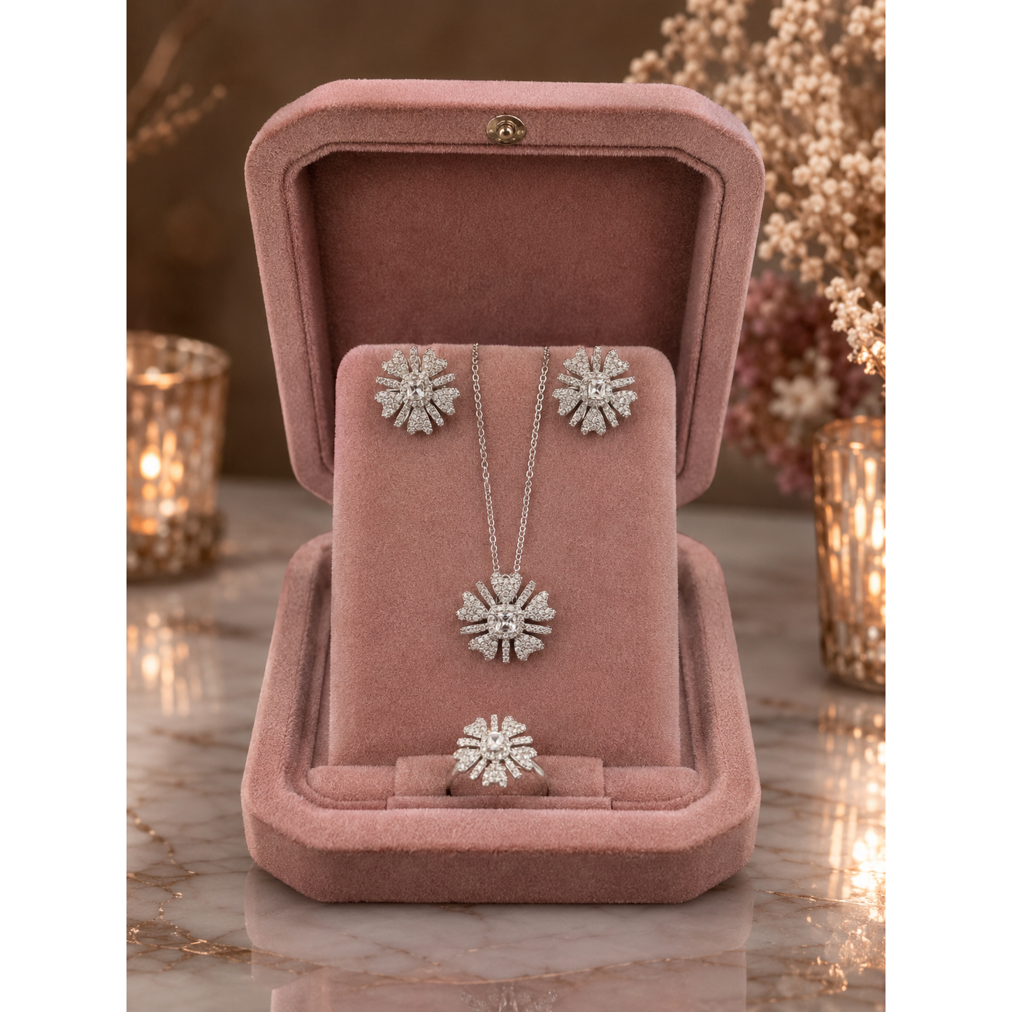 Luxury silver snowflake jewelry set displayed in a dusty tea pink velvet jewelry box featuring matching pendant necklace, stud earrings, and statement ring.