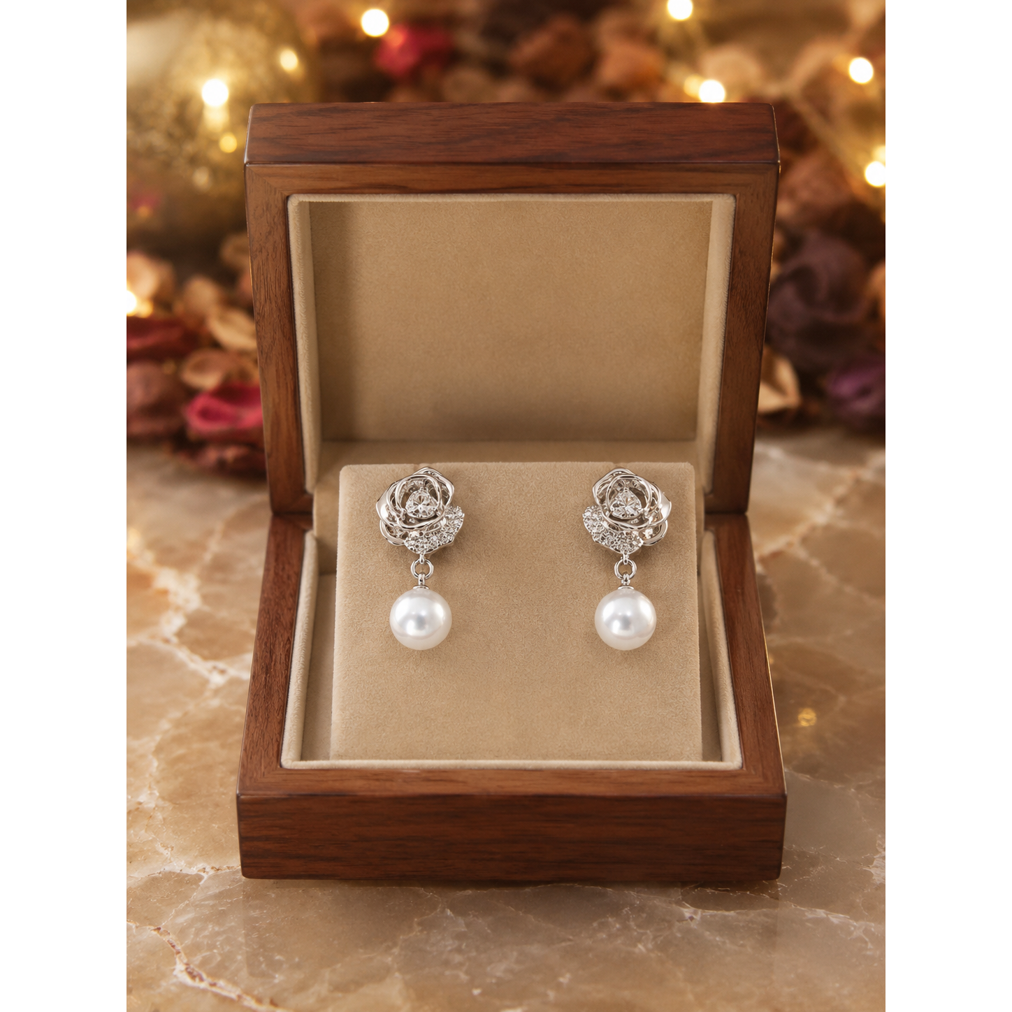 Silver floral pearl drop earrings displayed in a premium champagne gold velvet-lined wooden jewelry box on a luxury stone surface.