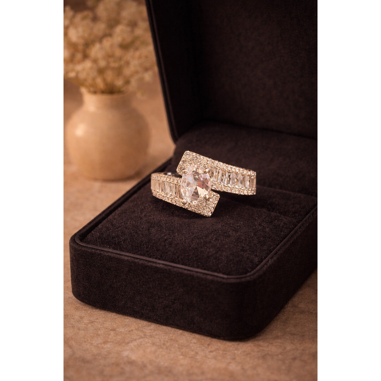 Silver double-band oval center stone statement ring inside jewelry box with blurred beige dried flowers in background