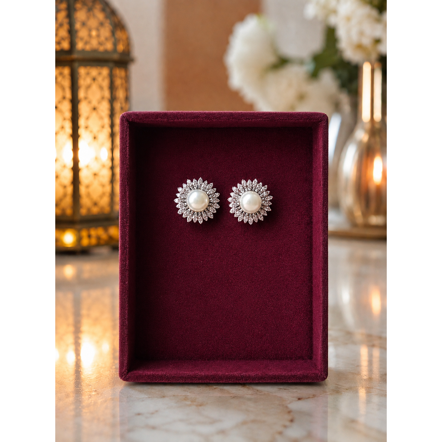 Pearl sunburst stud earrings displayed in royal burgundy velvet jewelry box on reflective marble surface