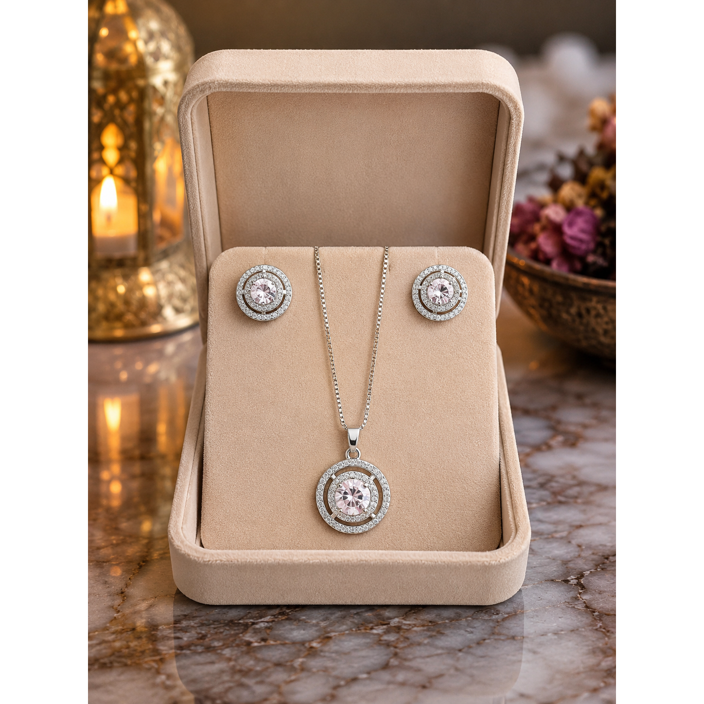 Silver crystal pendant necklace set with matching stud earrings displayed in champagne beige velvet jewelry box on reflective marble background
