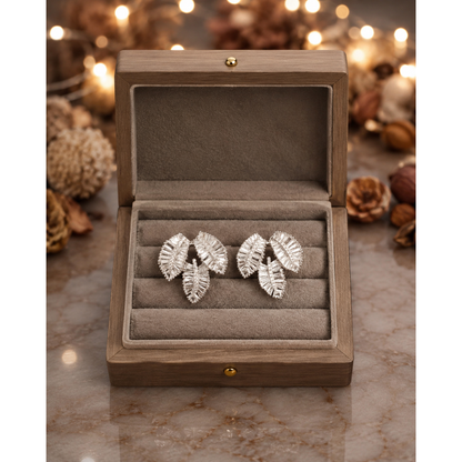Silver crystal leaf cluster stud earrings showcased in a luxury taupe velvet jewelry box with premium presentation.