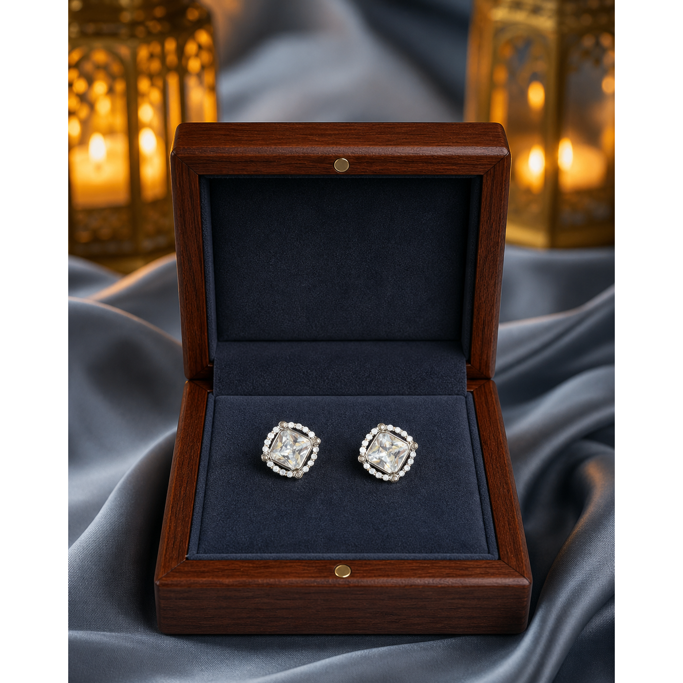 Silver pearl frame square stud earrings placed flat in velvet jewelry box with satin background
