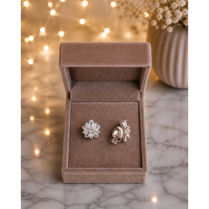 Back view of floral crystal clip-on stud earrings showing cushioned rubber pad and secure clip mechanism for non-pierced ears