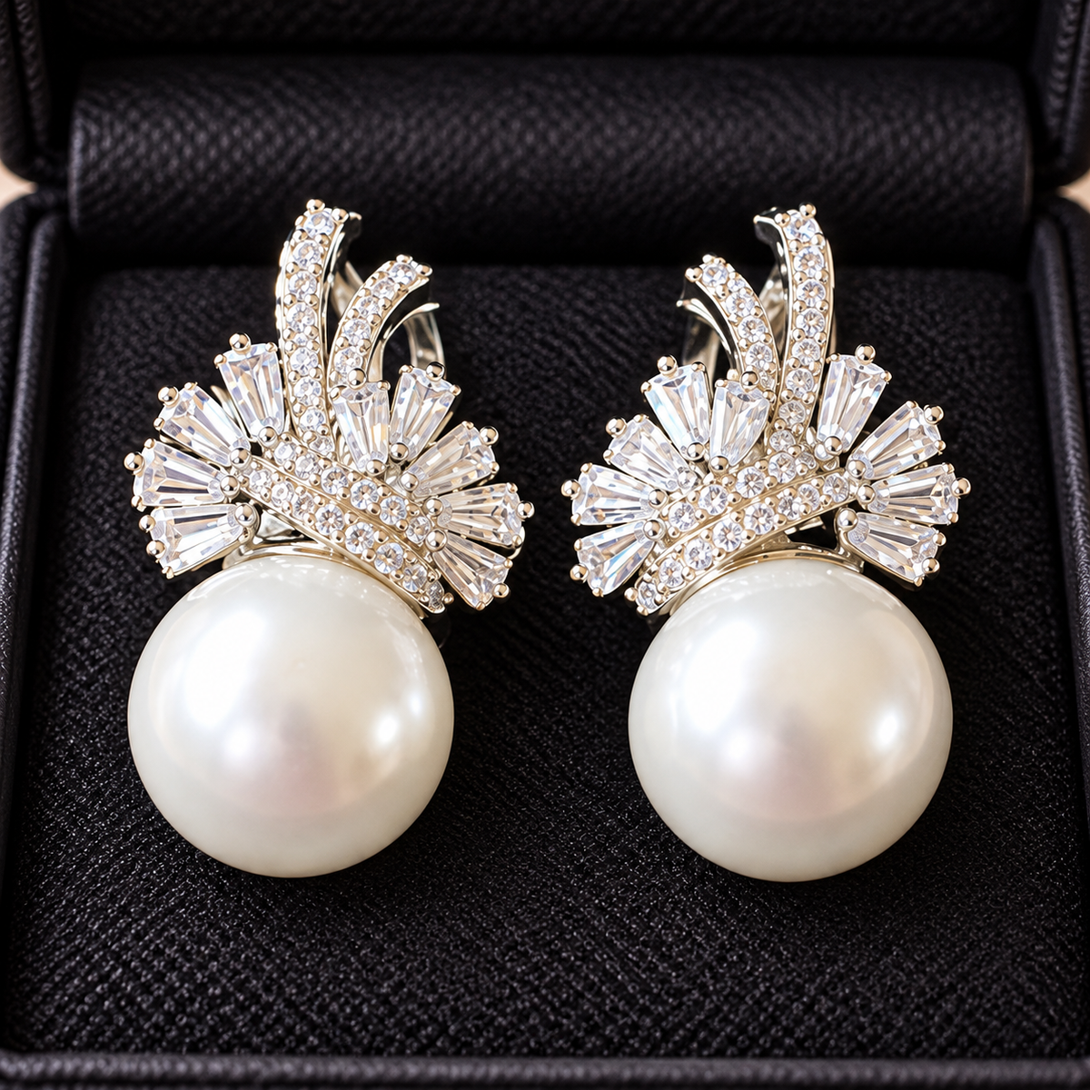 Silver Gilded Fan Pearl Drop earrings with clear zircon detailing displayed in a black jewellery box.