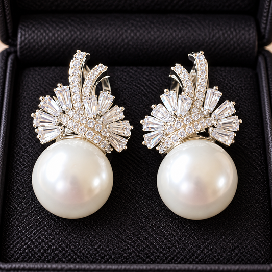 Silver Gilded Fan Pearl Drop earrings with clear zircon detailing displayed in a black jewellery box.