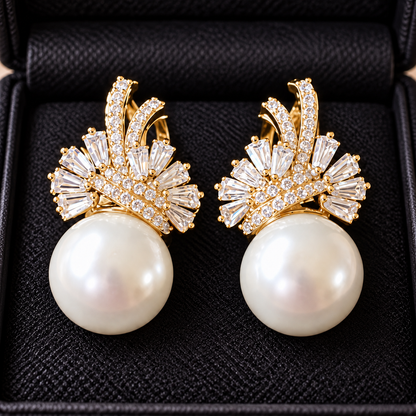 Gold Gilded Fan Pearl Drop earrings with clear zircon detailing displayed in a black jewellery box.