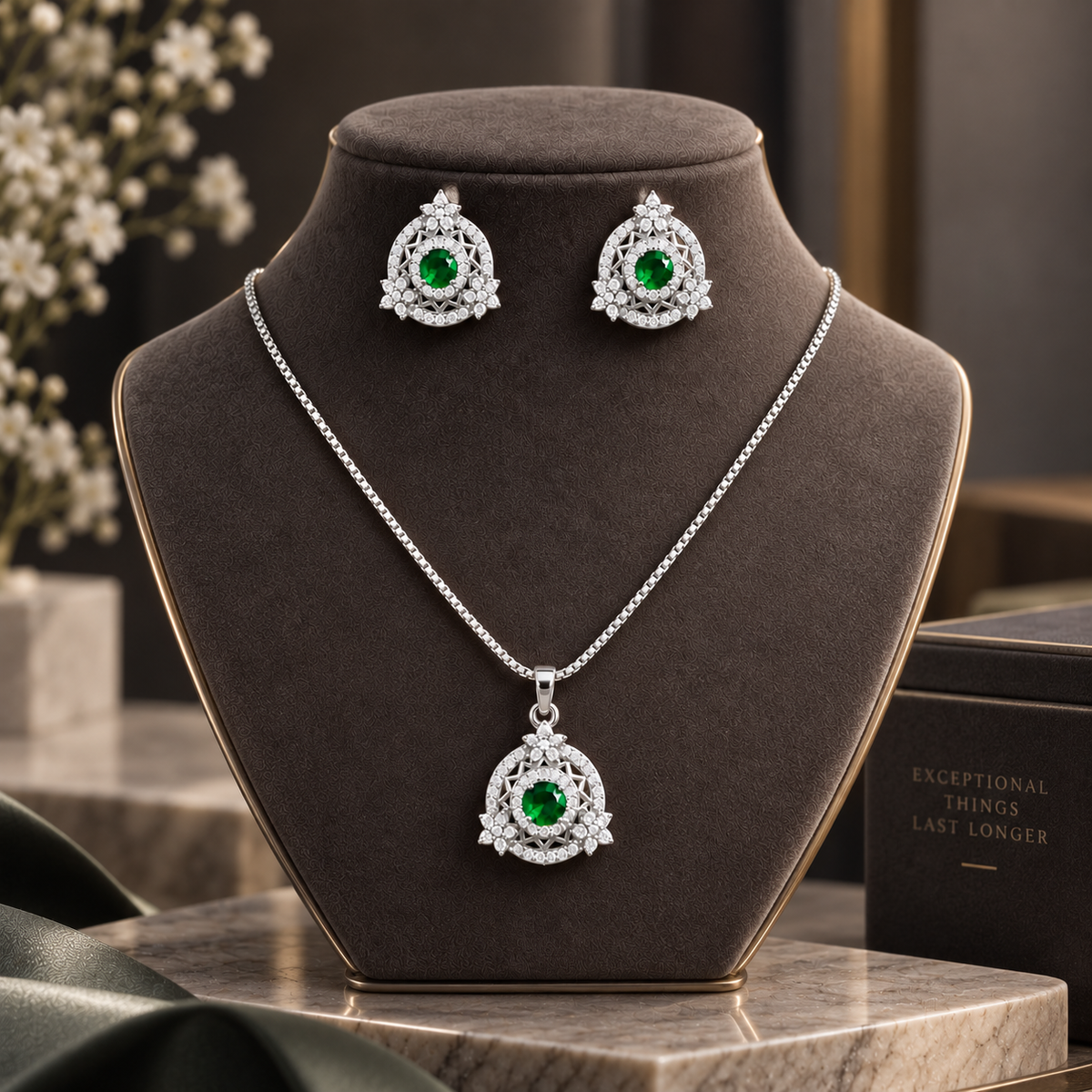 S925 silver earrings and pendant set with emerald-green centre stones, clear zircon detailing and intricate geometric surrounds