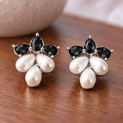 Pair of Grape  Dew Pearl Studs featuring three faceted  black crystals above three ivory teardrop pearls in a silver-tone grape-bunch inspired design