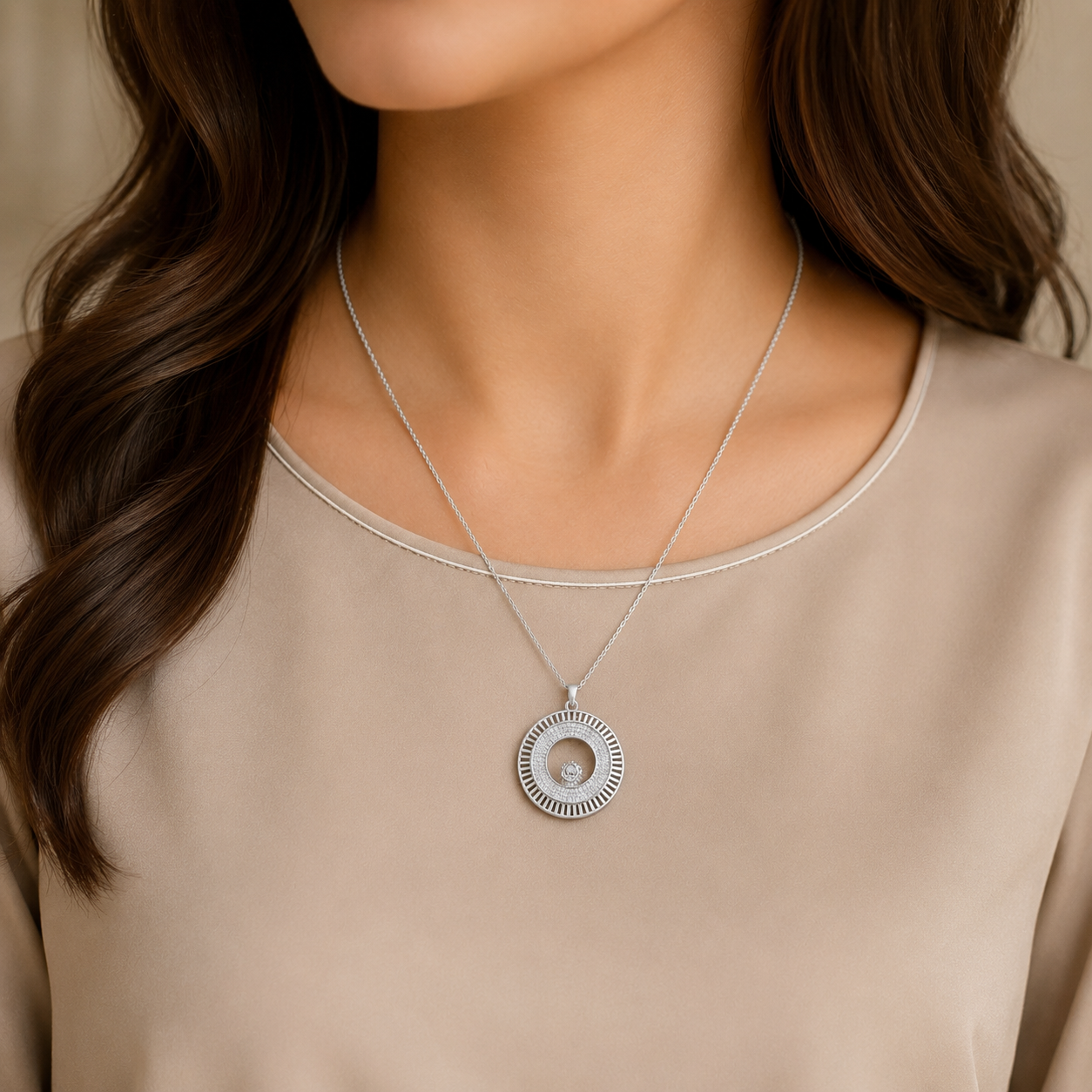 Model wearing a silver-tone circular pendant necklace featuring an open centre, clear stone detailing and a suspended inner motif.