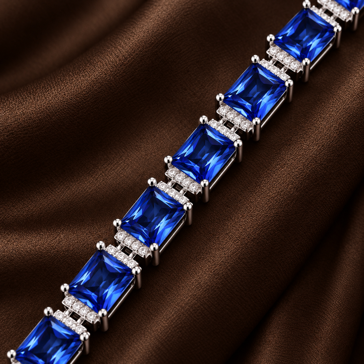 Sapphire Blue Gallery Link Bracelet featuring vivid blue rectangular stones linked with clear zircon detailing in a silver-tone setting