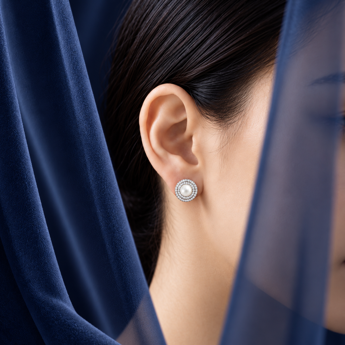 Close-up of Pearl Meridian Stud earring worn on the ear, featuring a white pearl centre surrounded by sparkling clear zircon stones.