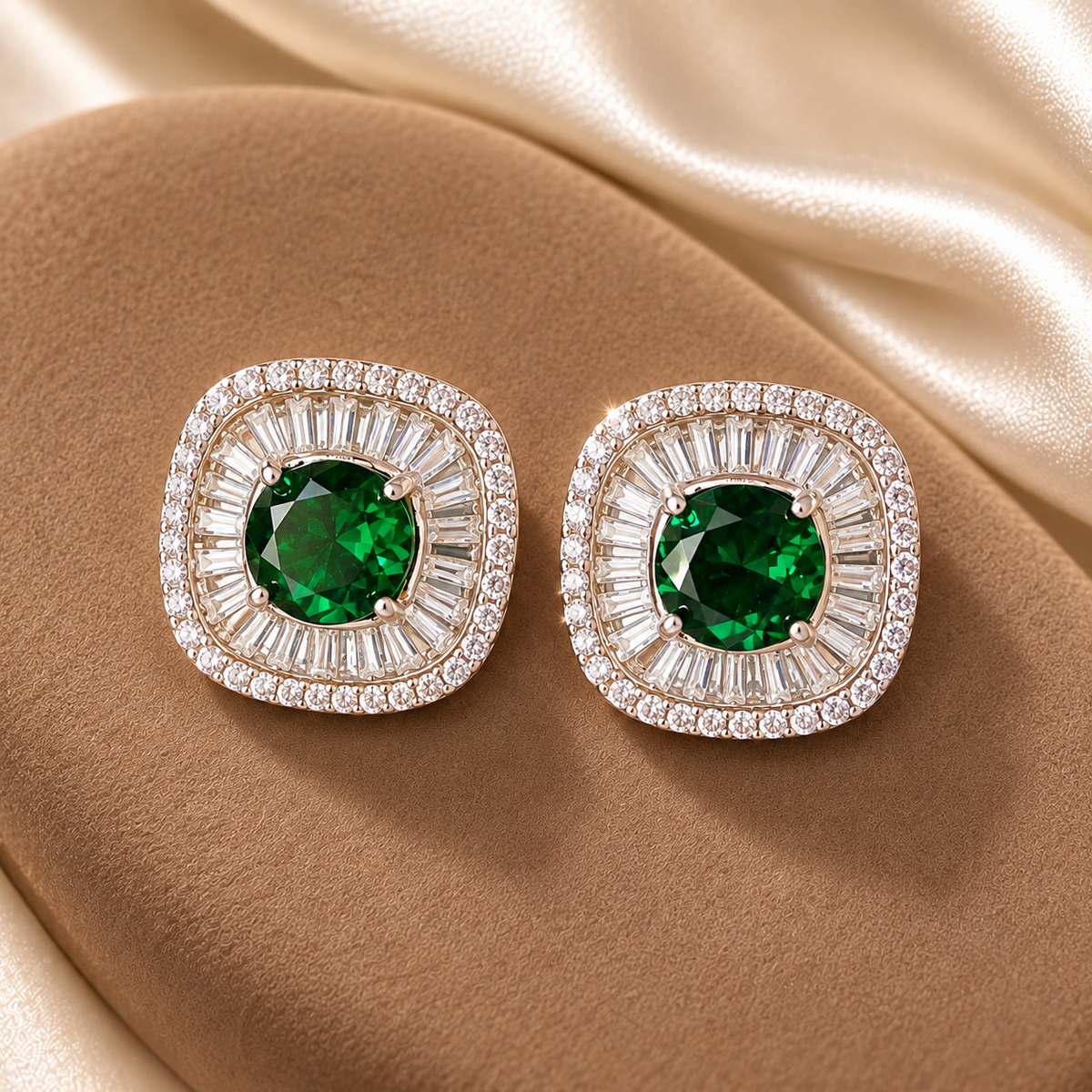 Close-up of cushion-shaped stud earrings featuring a round  green centre stone surrounded by radiating baguette-cut and tiny clear zircons.