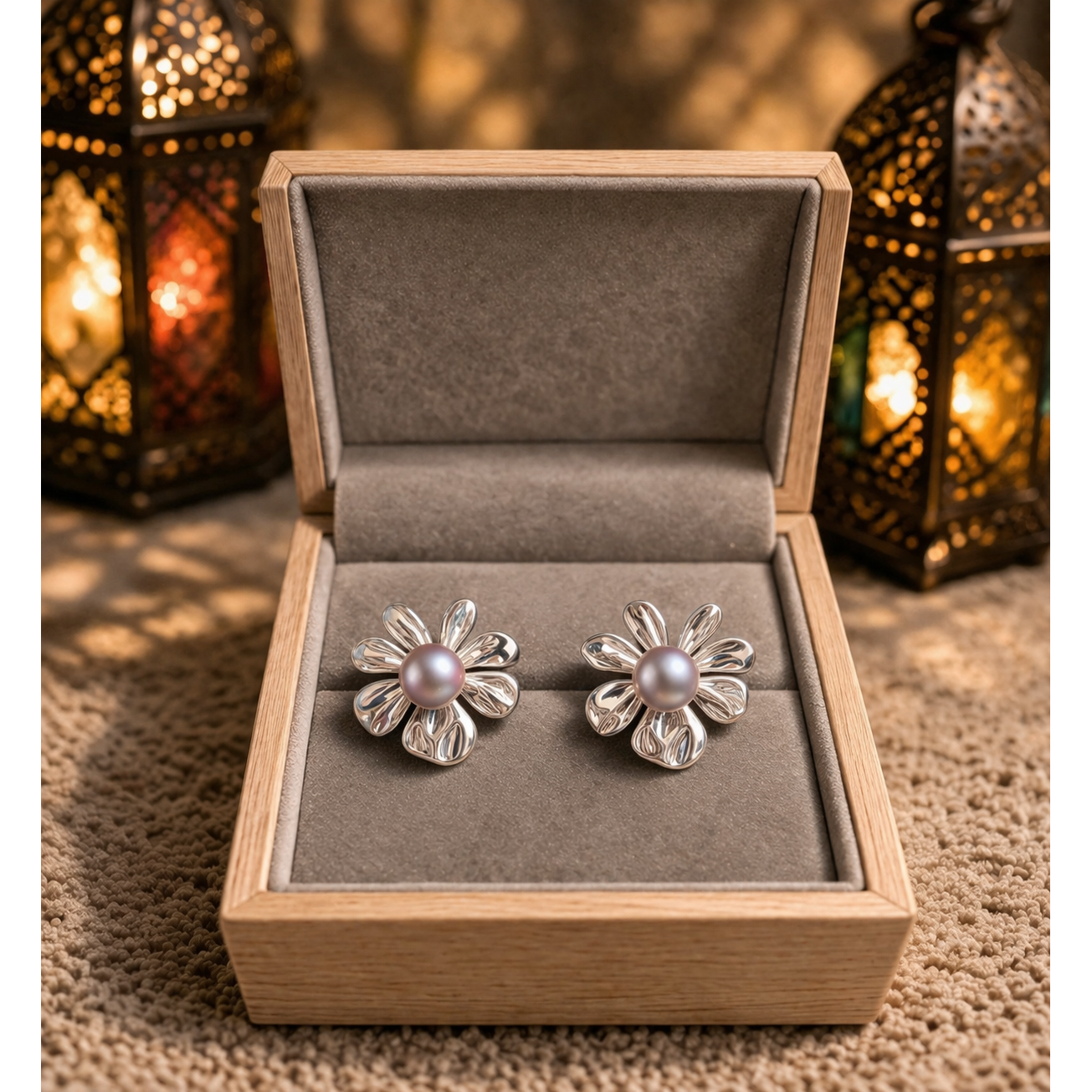 Floral Pearl Stud Earrings – Silver Tone Petal Design