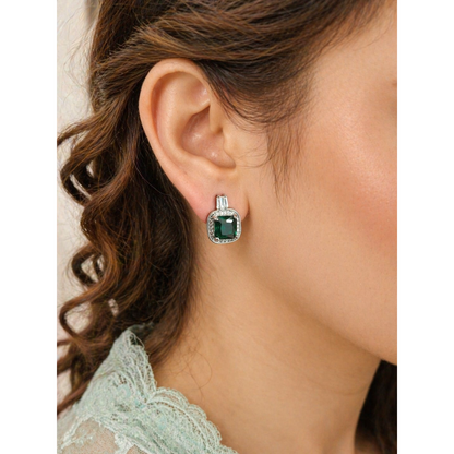 Square halo stud earrings with coloured gemstone worn on ear, silver tone crystal border elegant modern jewelry
