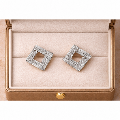Square Baguette Crystal Frame Stud Earrings – Gold /Silver