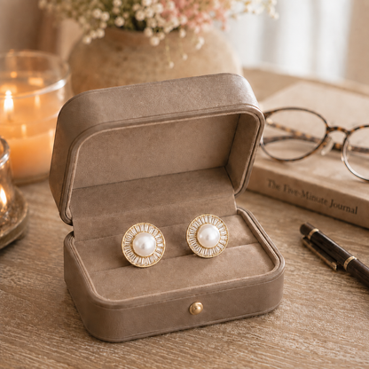 A pair of round pearl stud earrings with gold-toned textured borders, displayed inside an open taupe velvet jewelry box on a wooden desk, with glasses, a candle, and a book in the background.