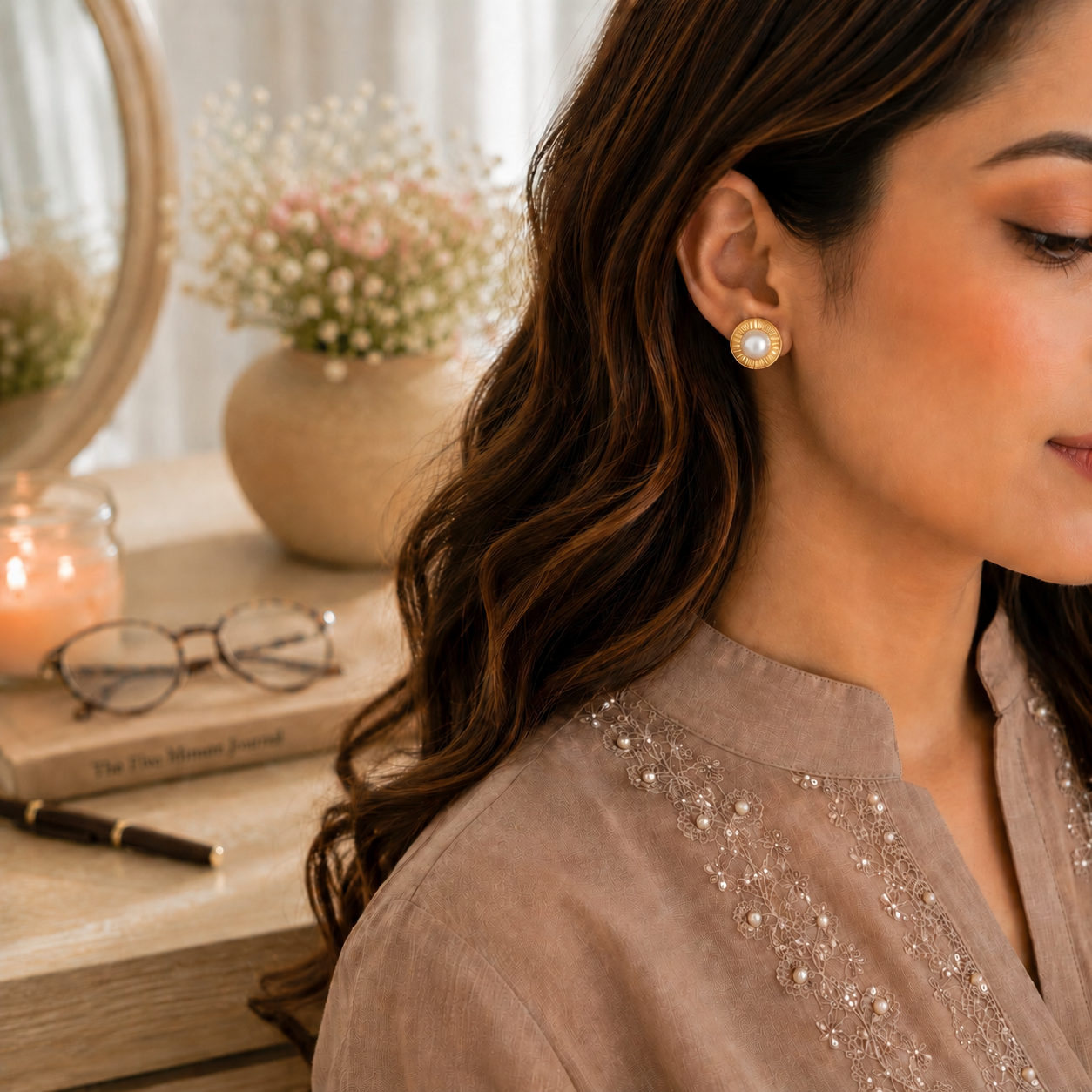 A close-up lifestyle shot of a woman wearing a gold stud earring with a white pearl-like center, styled in a warm, cozy room setting with a wooden desk, glasses, and a candle.