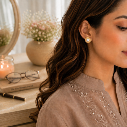 A close-up lifestyle shot of a woman wearing a gold stud earring with a white pearl-like center, styled in a warm, cozy room setting with a wooden desk, glasses, and a candle.