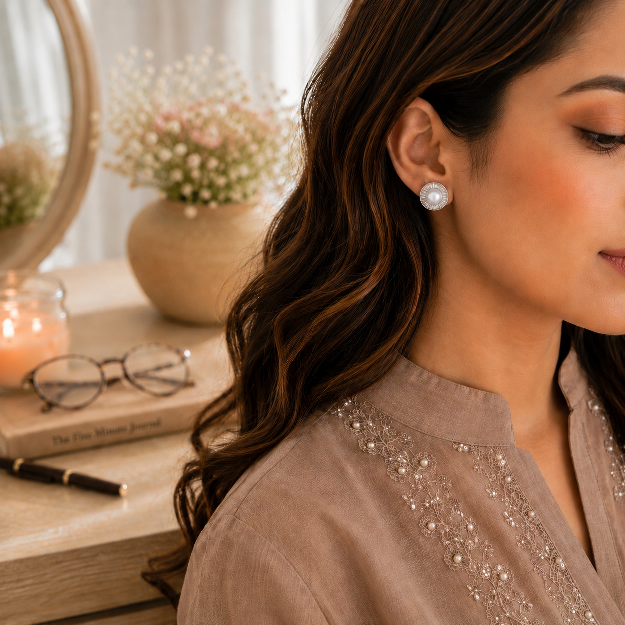 A woman in a taupe embellished top wearing a single round white pearl stud earring, shown in a warm, styled indoor setting with a desk, glasses, and a candle.