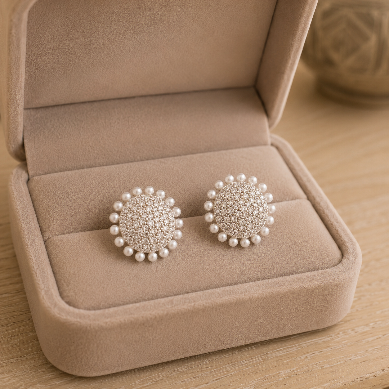 Gold-tone Pearl Halo Stud Earrings with clear floral centre stones, clear crystals and pearl border