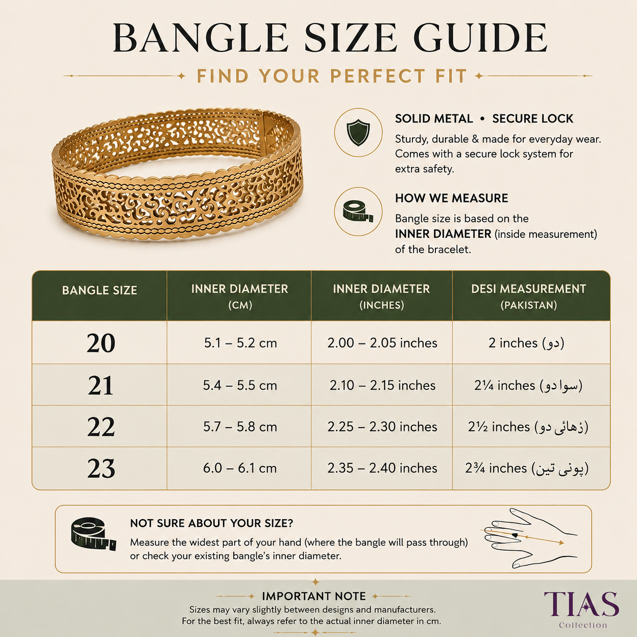 A size guide infographic for bangles, 