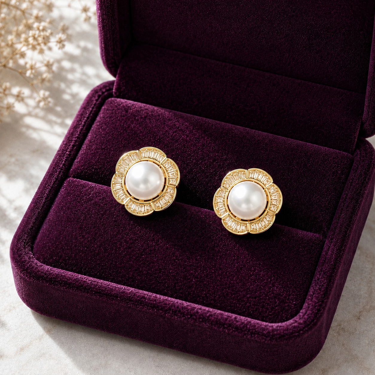 Floral  golden pearl stud earrings featuring a luminous centre pearl surrounded by clear baguette stones