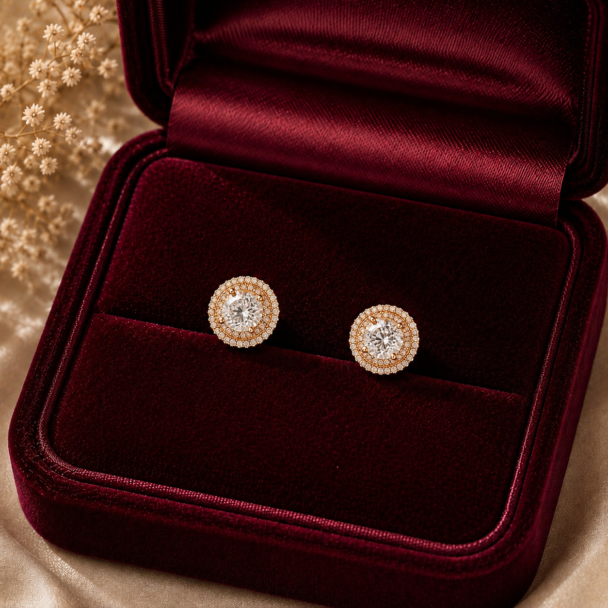 Solara Crest round gold-tone stud earrings with sparkling zircon border displayed in burgundy jewellery box, available in Clear and Champagne