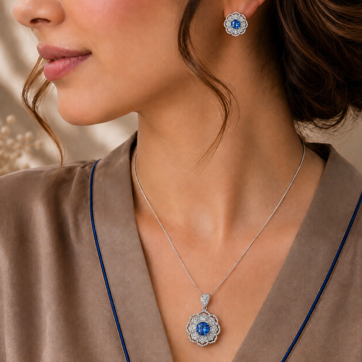 A close-up lifestyle shot of a woman wearing a silver pendant necklace and matching stud earring. The jewelry features a central round blue gemstone surrounded by a halo of small clear stones.