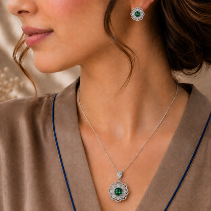 Model wearing the S925 Rosette Prism  matching earrings in green centre stone and pendant necklace set