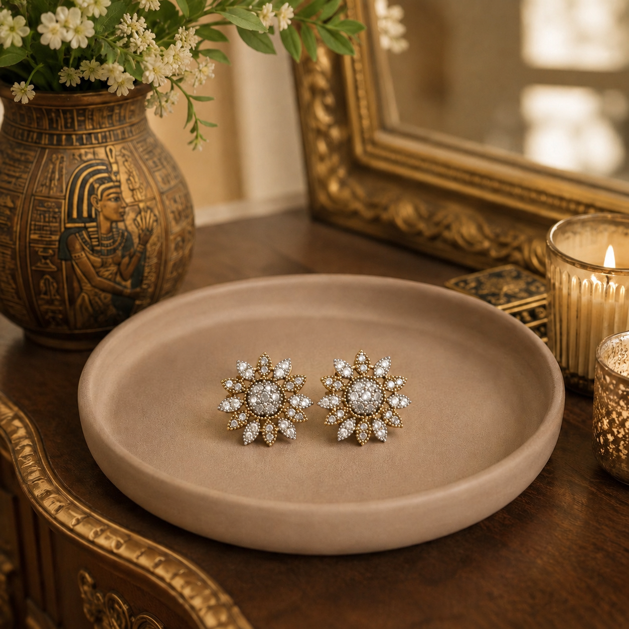 A pair of gold-toned starburst stud earrings with clear gemstones, displayed on a round beige ceramic tray on a wooden table with decorative props including a gold vase, candle, and ornate mirror.