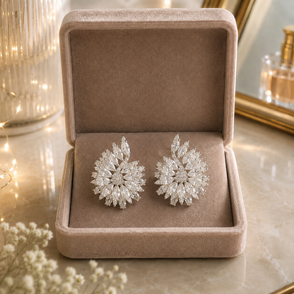 Stellar Crest clear crystal statement stud earrings with marquise stones in silver-tone setting