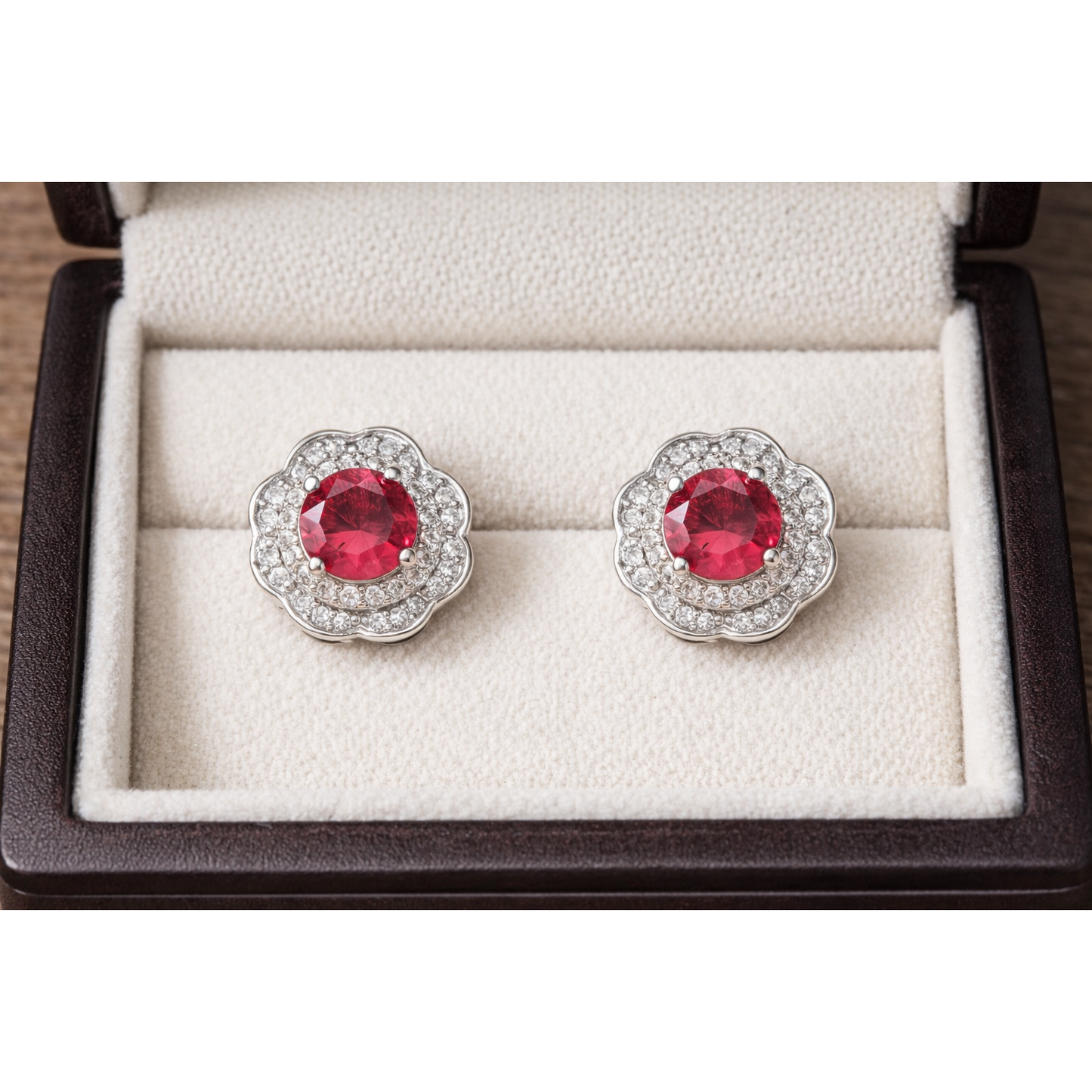 Silver floral halo pinkish red crystal stud earrings arranged in cream lined jewellery box