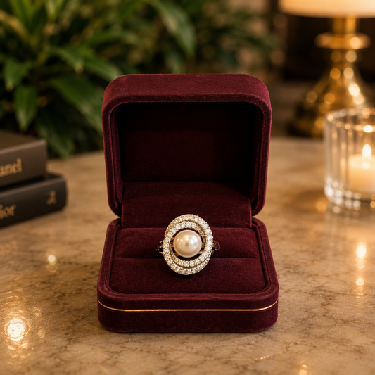 Silver statement ring featuring a lustrous round pearl surrounded by a sparkling zircon halo, displayed in a premium burgundy velvet jewellery box