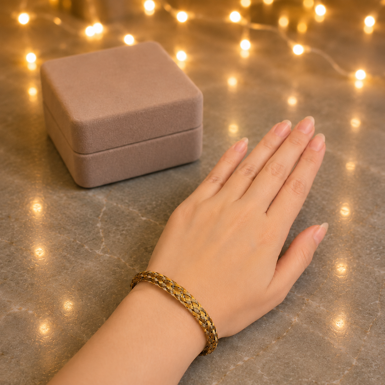 A gold braided bracelet worn on a woman's wrist, with a matching beige jewelry box in the background and warm string lights glowing on a gray marble surface.