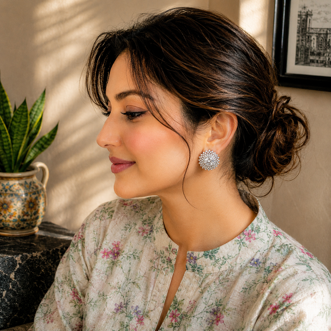 Model wearing elegant silver radiant halo crystal stud earrings with brilliant center stones and sparkling multi-layer pavé halos in a sophisticated luxury setting