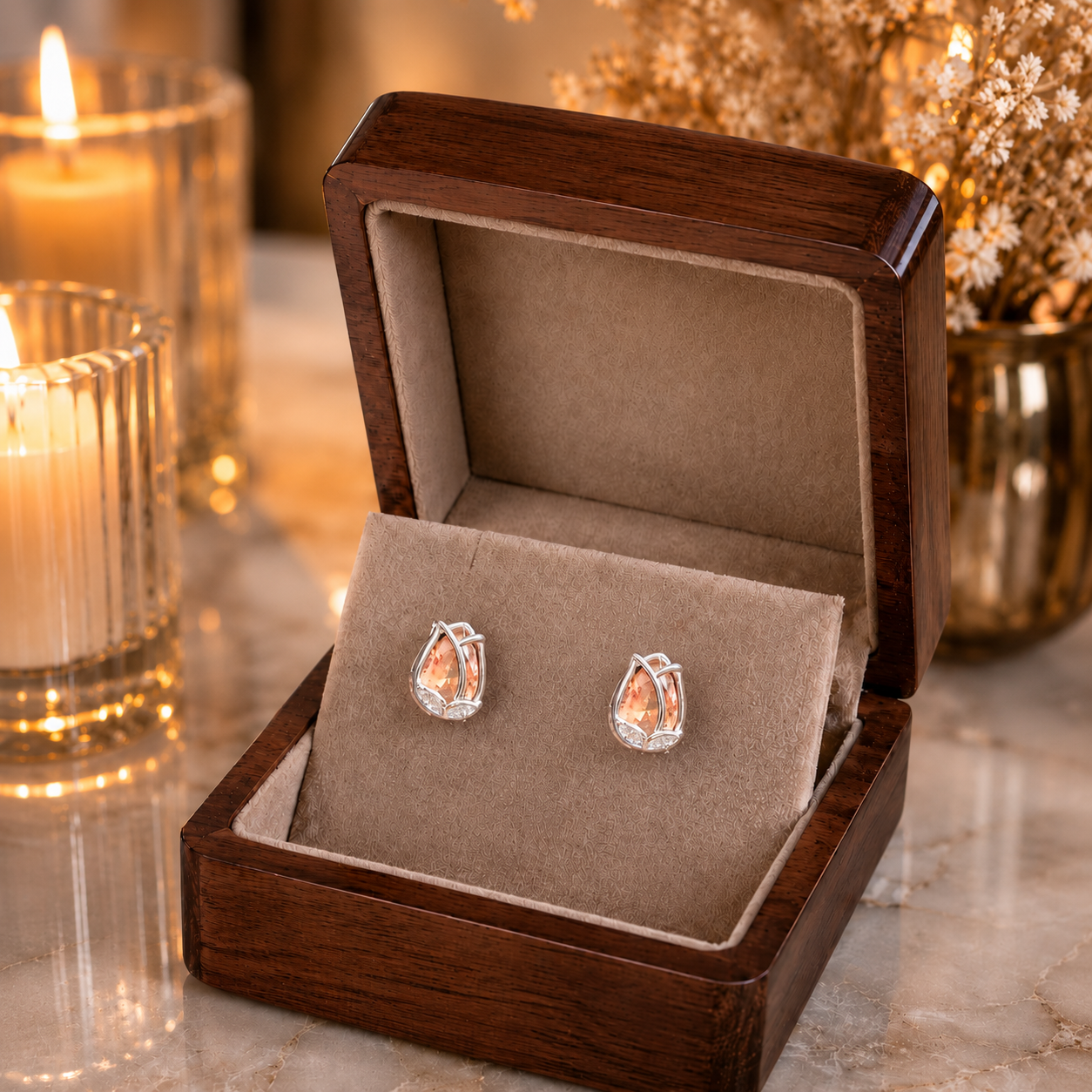 Tulip champagne crystal stud earrings displayed in a premium velvet jewellery box with luxury wooden finish, candlelight ambience and dried floral décor