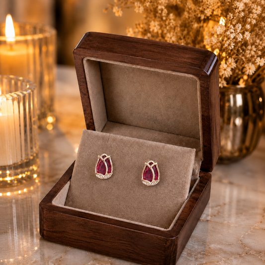 Tulip hot pink crystal stud earrings displayed in a premium velvet jewellery box with luxury wooden finish, candlelight ambience and dried floral décor
