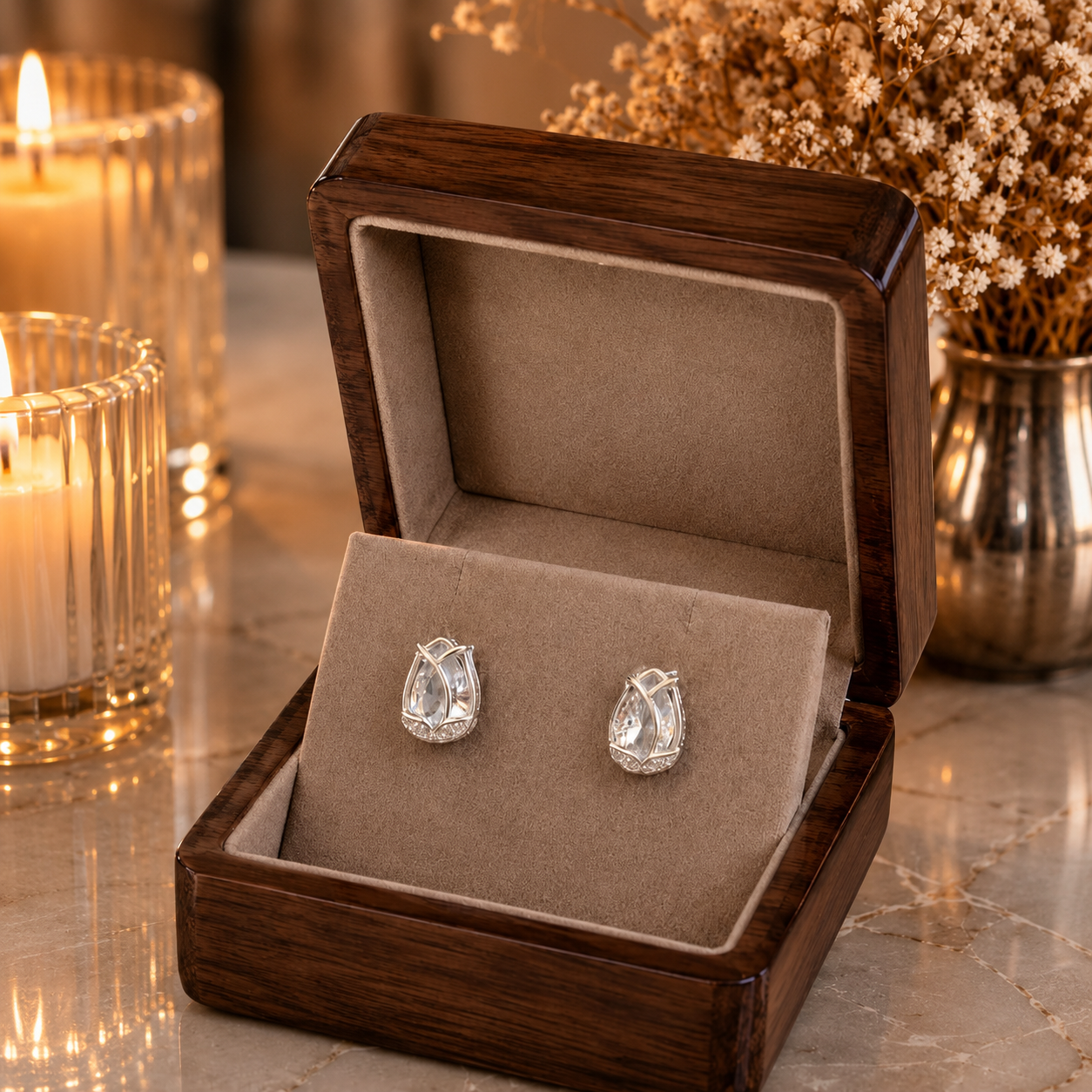Tulip crystal stud earrings displayed in a premium velvet jewellery box with luxury wooden finish, candlelight ambience and dried floral décor