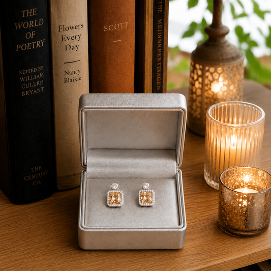 Silver-tone square halo zircon stud earrings with a cushion-cut champagne centre stone displayed inside a premium jewellery gift box with warm ambient lighting.