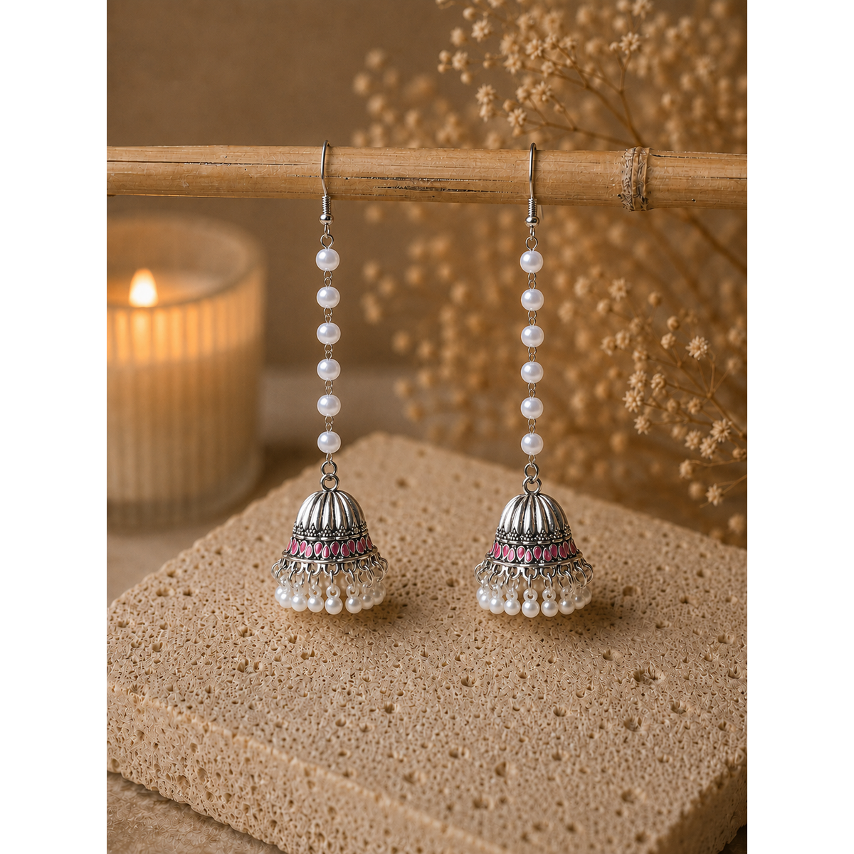 Pair of silver and pearl earrings on a textured surface with a candle and dried flowers in the background.