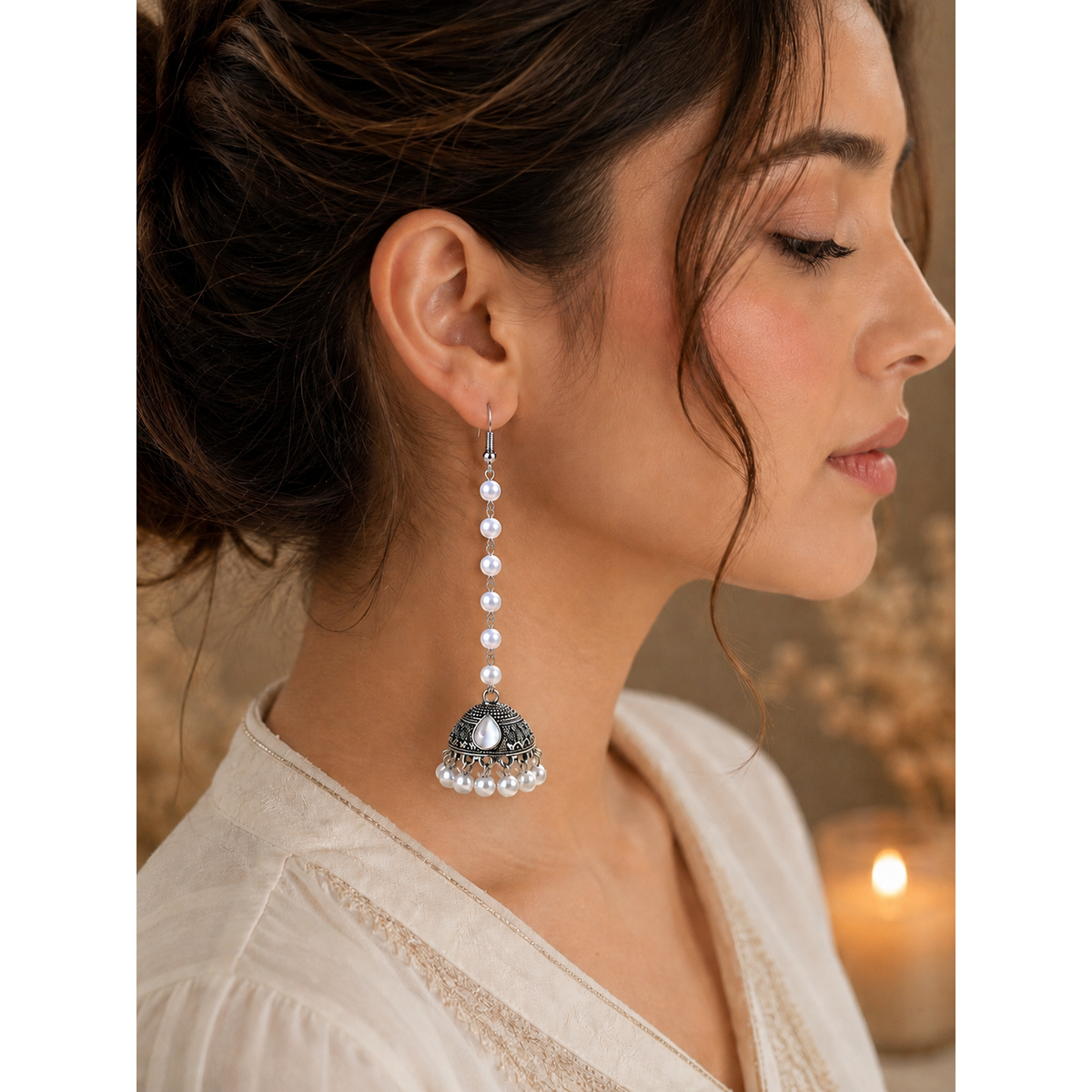 Pearl Cascade Jhumka Earrings – Silver-Tone Statement Drops (3 Variants)