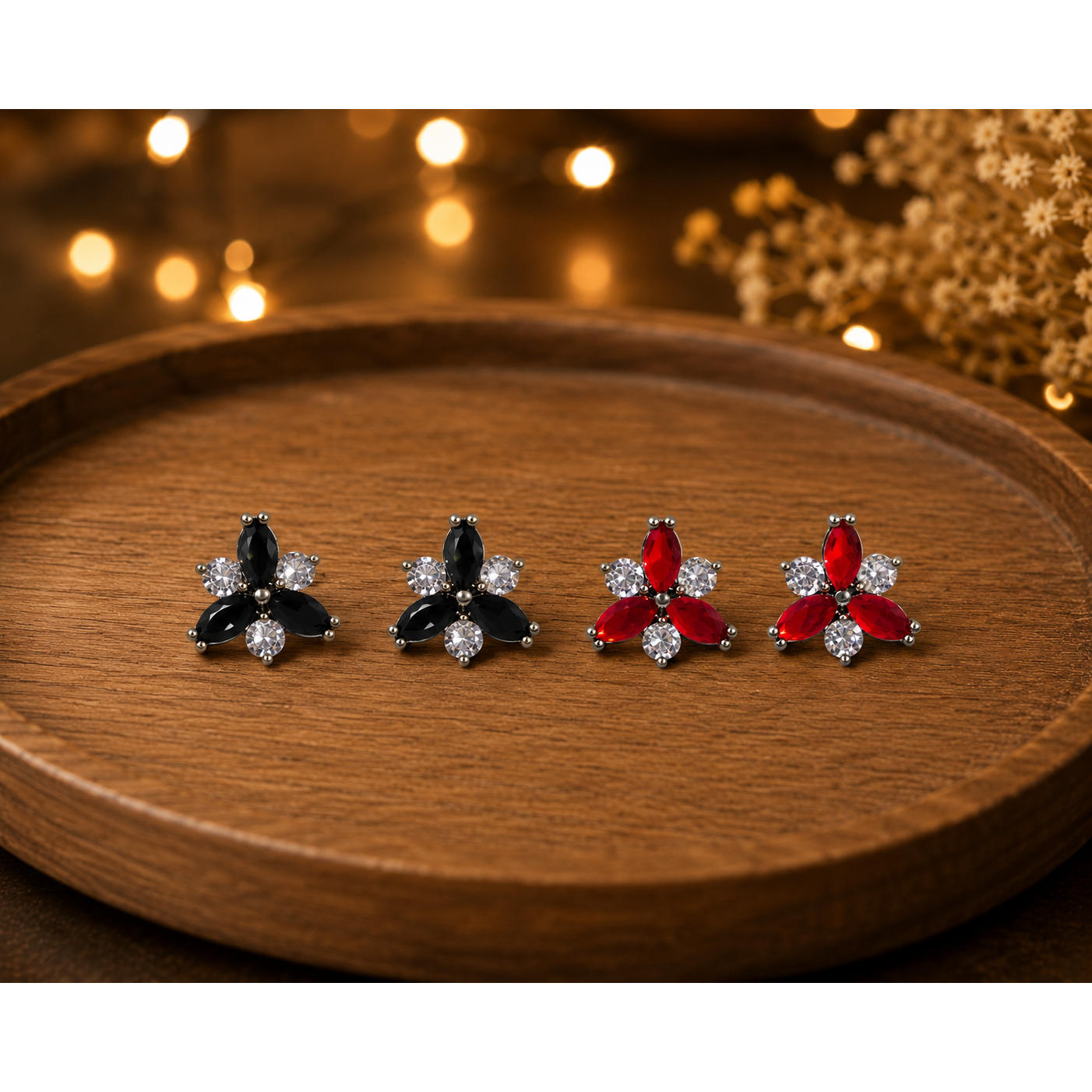 Petal Spark Crystal Stud Earrings – Ruby Red & Midnight Black