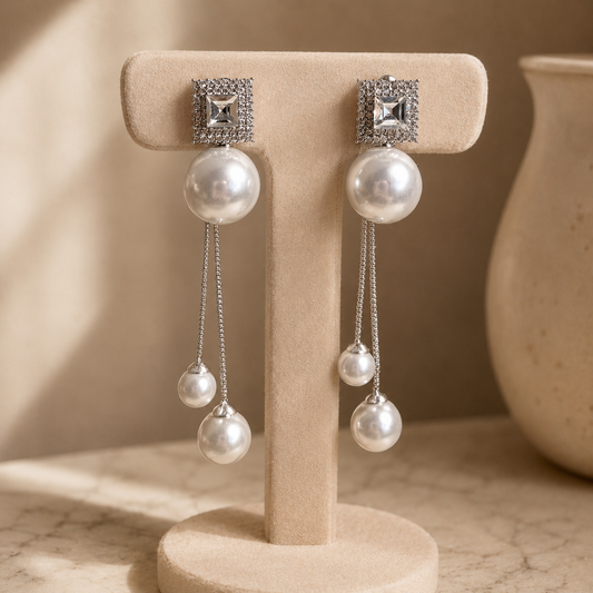 Luxury silver pearl cascade earrings displayed on an ivory velvet stand with a soft beige editorial background and premium lighting