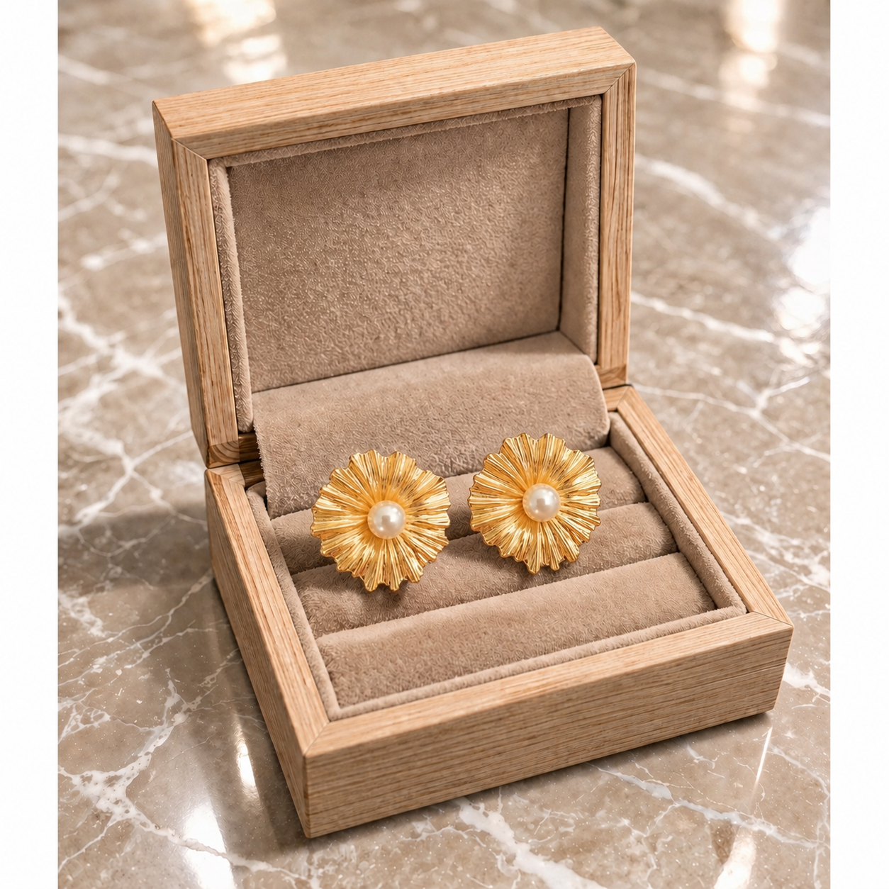 Gold earrings with pearl centers in a wooden jewelry box on a marble surface